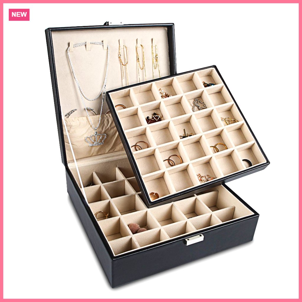 Pu Leather Jewelry Box Organizer With 50 Slots And Mirror